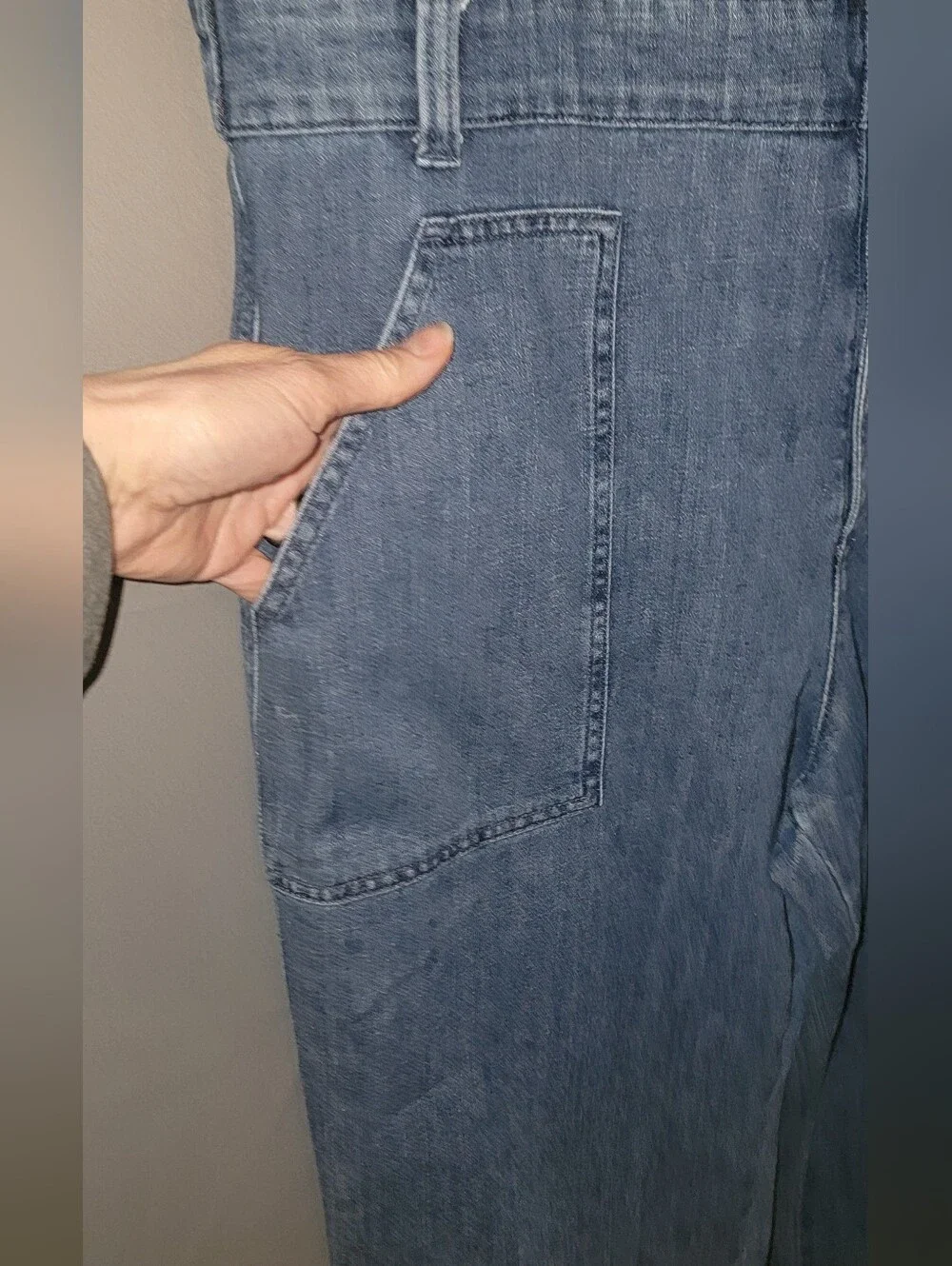 Aerie Medium Blue Button-Front Wide Leg Denim Overalls - Picture 7 of 16